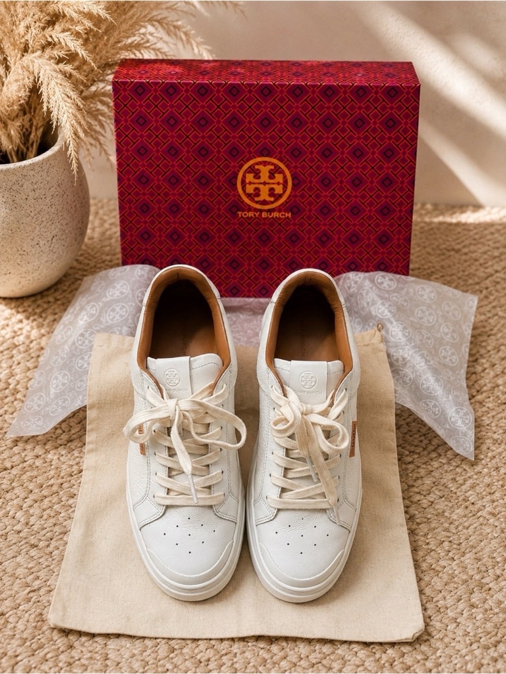 Tory Burch Ladybug Court Leather Sneakers | Cream & White | Size 9.5